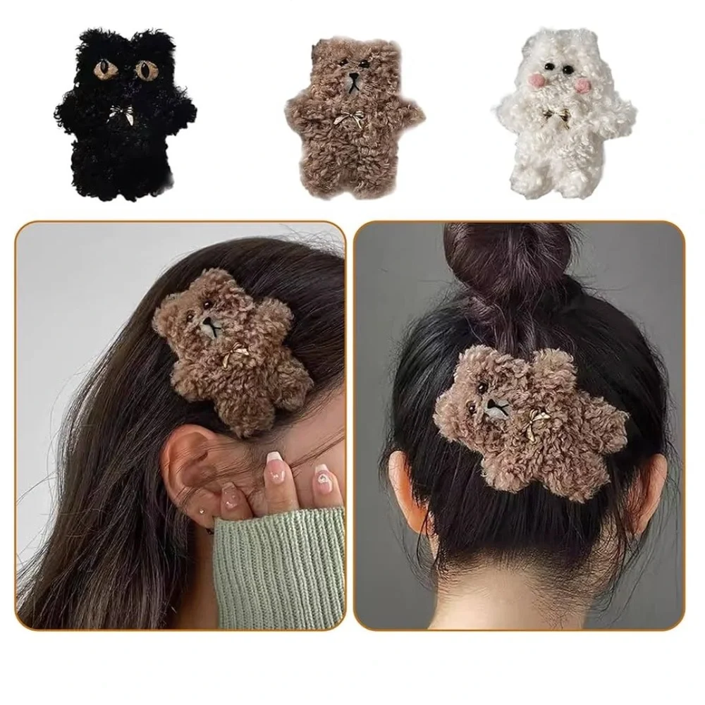 Furry Plush Hair Accessories Anti-Slip Hair Barrettes set 3 bear cat bunny new